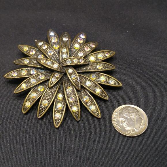 Vintage Flower Rhinestone Brooch, Bronze Tone, AB Rhinestones, 1990, 2 1/2 Inch - Picture 4 of 5